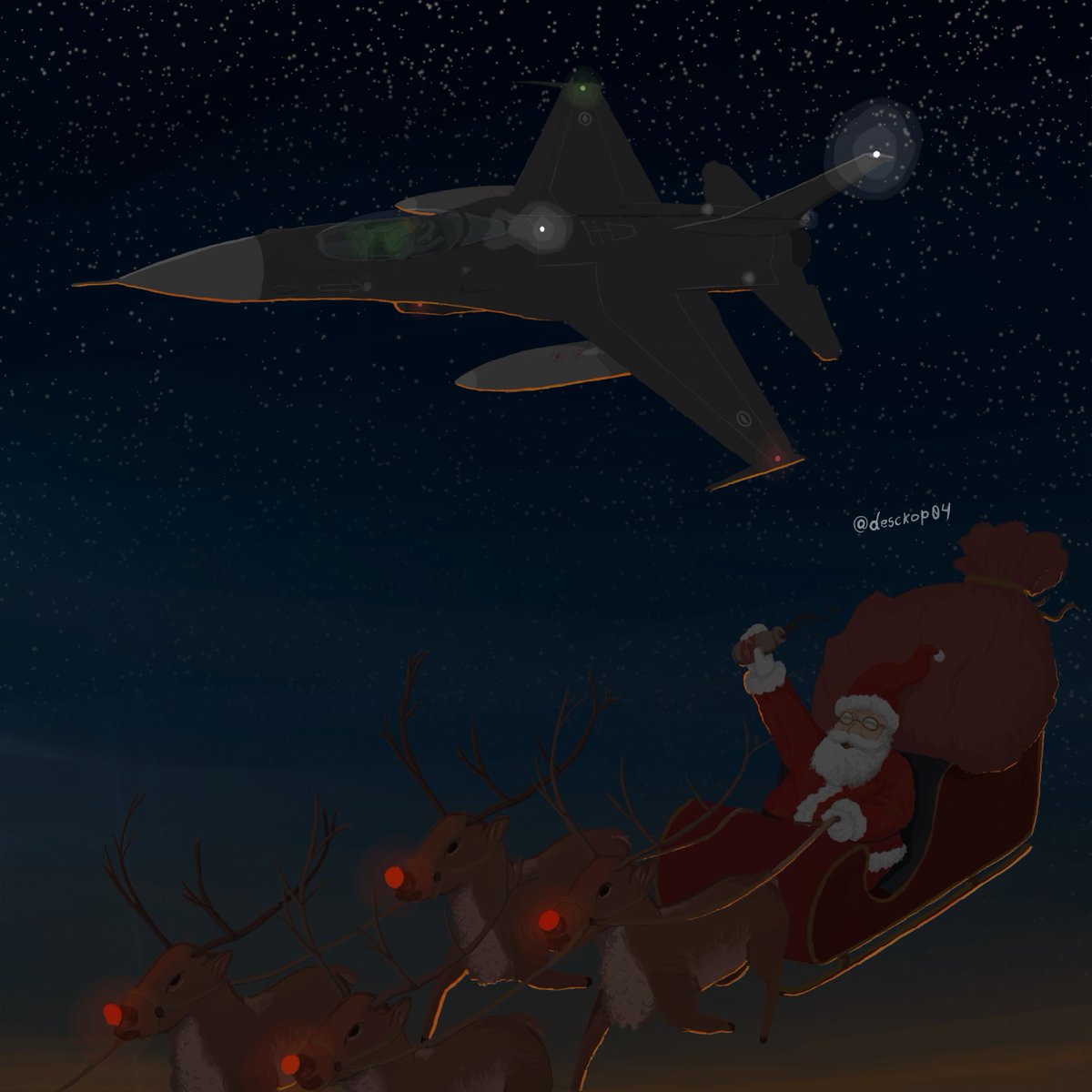Feliz navidad ! 
F-16 monoplaza de <a href="/FuerzaAerea_Arg/">FuerzaAéreaArgentina</a>  escoltando a Papá Noel.
Gran año para todos.
Y Feliz Navidad a nuestras fuerzas. 🎄🇦🇷