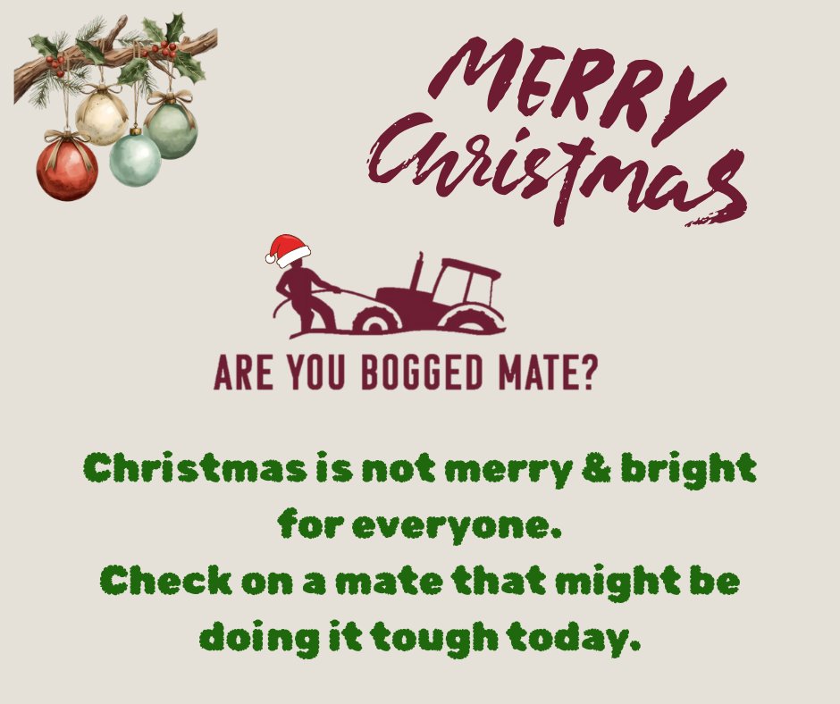 RUboggedmate's tweet image. Christmas is not merry &amp;amp; bright for everyone so please check on a mate that might be doing it tough today.

May the peace, love &amp;amp; hope of the festive season surround you &amp;amp; your loved ones.
Wishing you all a safe &amp;amp; Merry Christmas. 
#areyouboggedmate