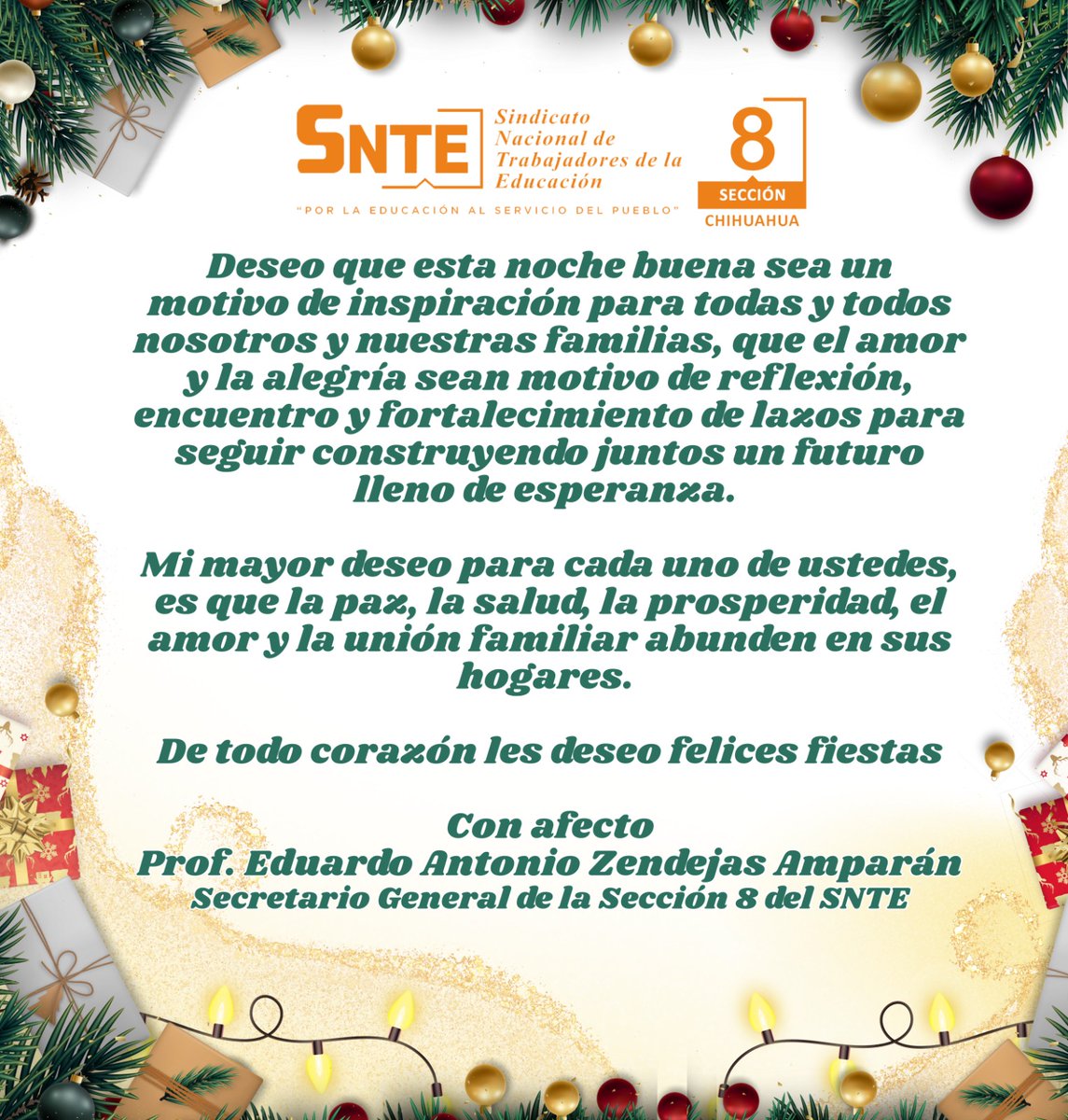 Felices Fiestas 🎄🎅🏻 estimadas y estimados compañeros trabajadores de la educación, que Dios los bendiga y a sus familias, les envió un afectuoso y respetuoso abrazo.