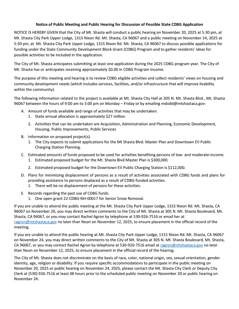 GNServ's tweet photo. NOTICE OF PUBLIC MEETING AND PUBLIC HEARING ON BEHALF OF THE CITY OF MT. SHASTA:  Monday, January 12th, 5:30pm at Mt. Shasta City Park Upper Lodge, 1315 Nixon Rd., and Tuesday, January 20th, 5:30pm at (JEDI), 205 Chestnut St. #PublicMeeting #MtShasta https://t.co/Utx3uscqF9