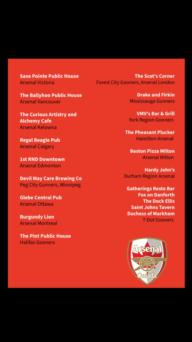 arsenalcanadasc's tweet photo. Our branches and its pubs are our backbone at Arsenal Canada and we thank each and every one of you to bring the Gunners community together ❤️🤍

Check the second image to know the pub for your region or click the link in our bio. 

#COYG #ArsenalCanada #Gunners  #ARSCAN https://t.co/0stgoetNO7