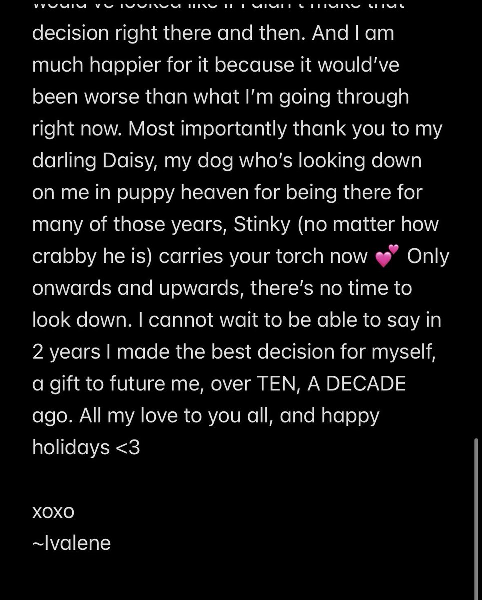 8 years, each year far away from what was my reality <3 thank you for reading, and I’m live right now if you’d like to celebrate and hang out with me a little ❤️ happy holidays 🎄 twitch.tv/ivalene_