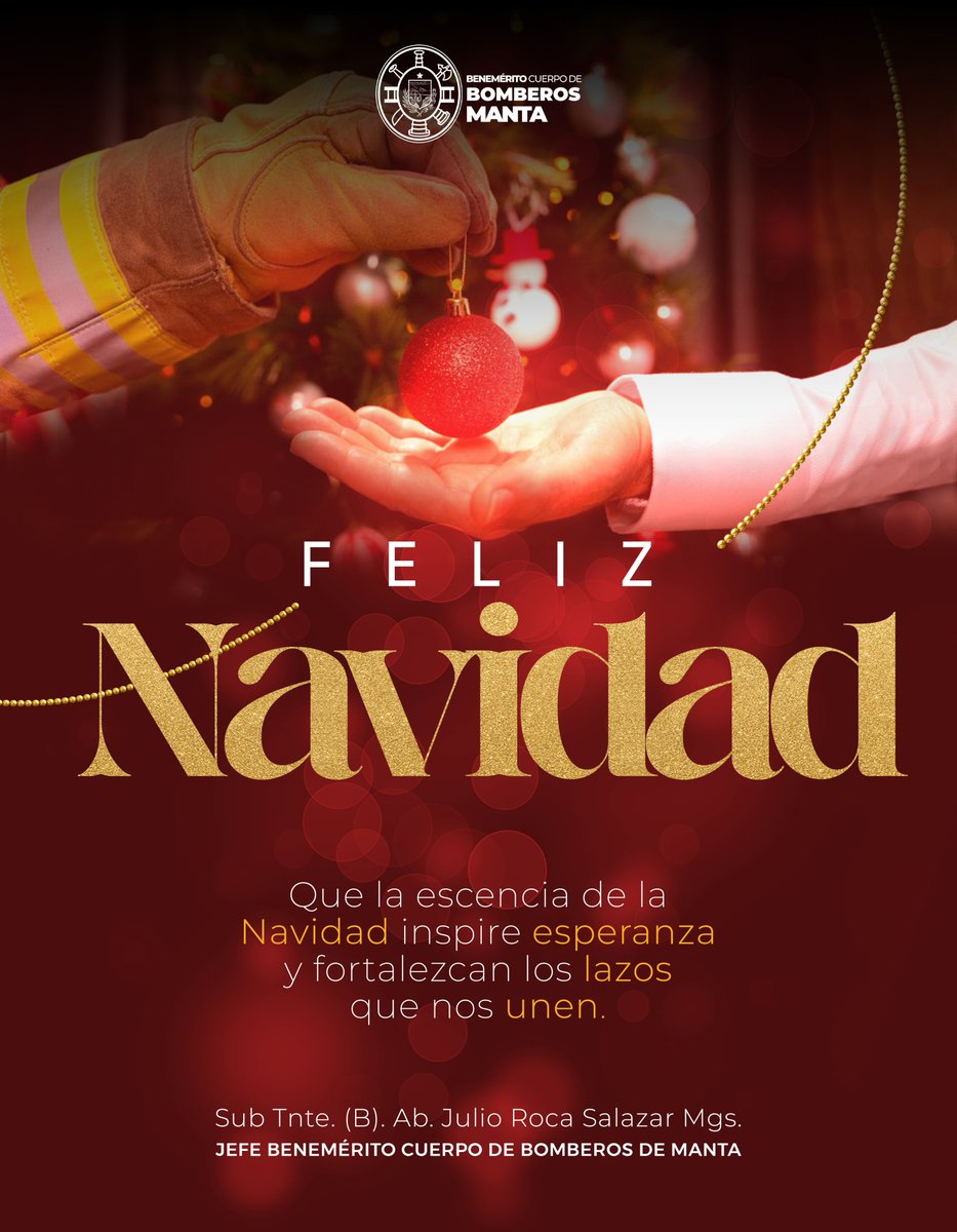 Bomberos reafirma su compromiso con la seguridad y el bienestar de cada familia. Que la paz, la armonía y la esperanza iluminen sus hogares, y que el espíritu navideño fortalezca la unión que nos inspira a servir con valentía y vocación.
iFELIZ NAVIDAD!