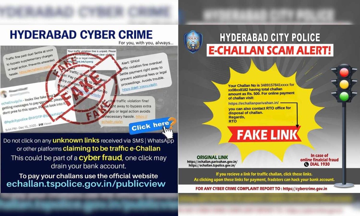 TGExpressNews's tweet photo. Hyderabad cyber crime police have warned people against fake e-challan links sent via SMS and WhatsApp, saying the scams lead to banking fraud and mobile hacking.
#CyberCrime #FakeEChallan #Hyderabad
https://t.co/buzlqisPCx https://t.co/Z5gcNmSFWH
