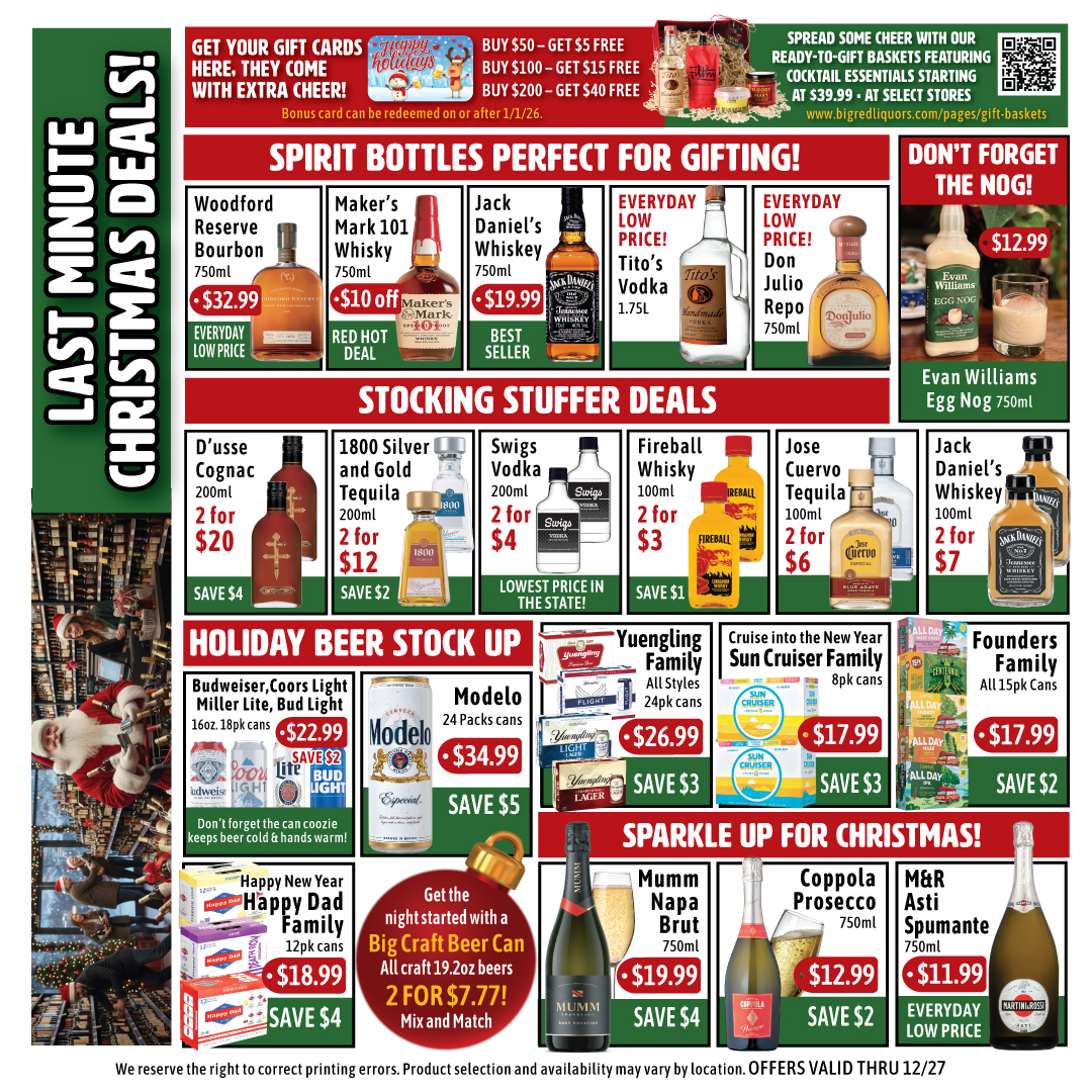 bigredliquors's tweet image. Last Minute Christmas Deals - Baskets, Stocking Stuffers + Gift Cards 🍺🥃🎁
Get your gifts and wrap up your holiday list— all in one stop. Valid thru 12/27.

#HolidayDeals #LastMinuteGifts #StockUp