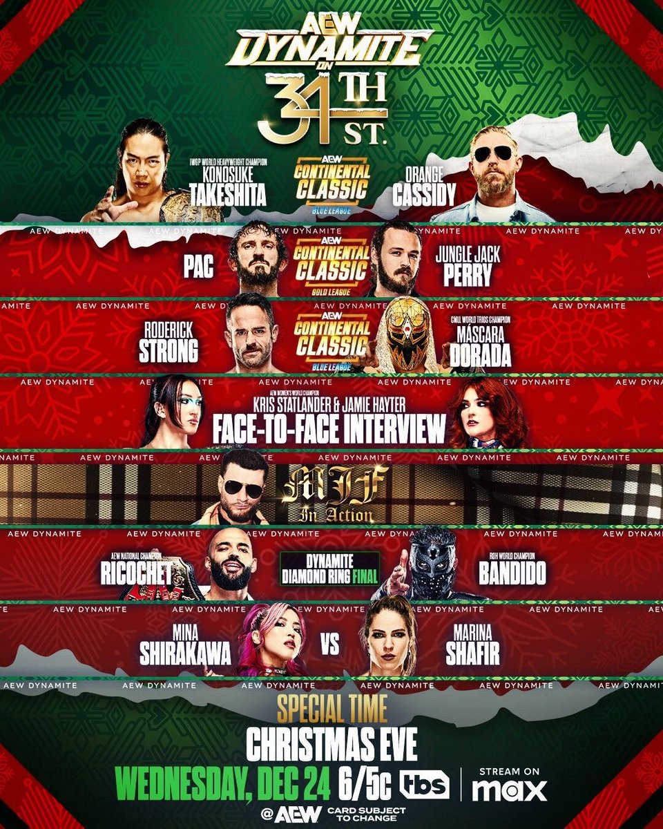 AEWFrance1's tweet photo. C'est MERCREDI !!!
▶️ Savez vous ce que cela veut dire ?
▪️C'est #AEWDynamite 34th Street, spécial Noël🎄🔴🟢, avec le suite du Continental Classic.
▪️Rediffusion en 🇫🇷 sur @AEW_WTVNext, le 30 décembre à 21h45 !! #AEW
▪️Rediffusion aussi sur le #AEWPlus sur @Triller_TV !
🔸 Que pensez-vous de la carte ?!