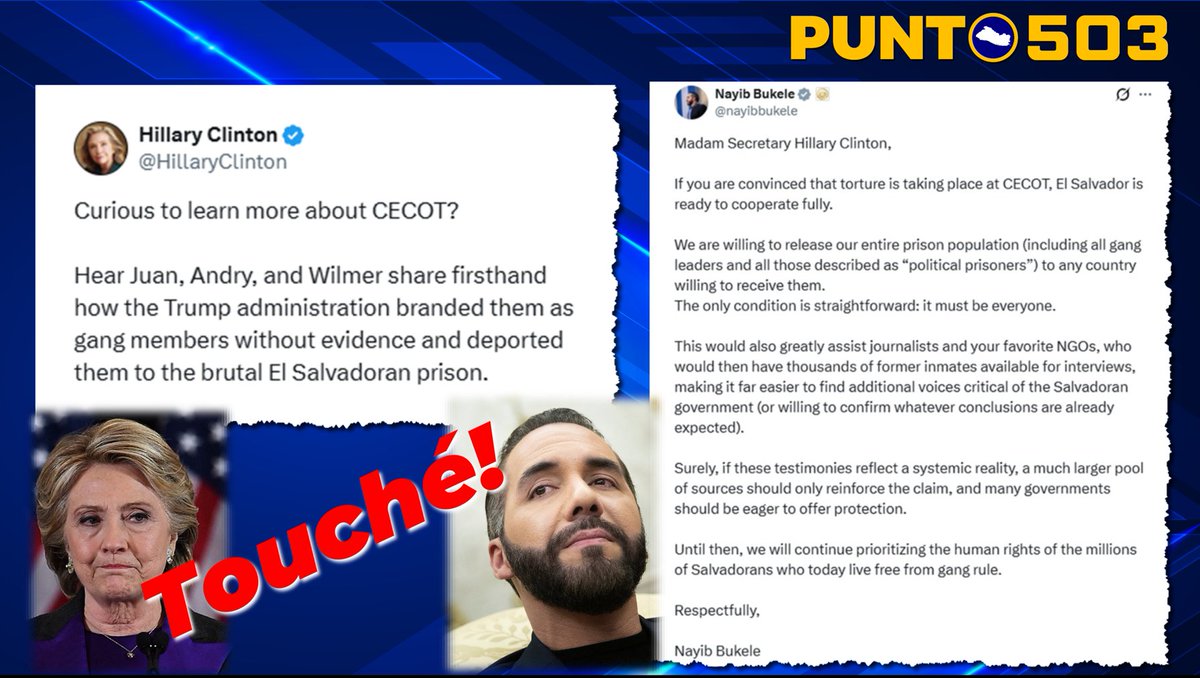 Puntosv503's tweet photo. ¡TOMA! ¡Y CON PATADA AL PECHO... VE! 💥🦶🇸🇻

Hillary Clinton salió a criticar el CECOT... y el Presidente @nayibbukele la sentó de un solo. BRILLANTE!

Básicamente les dijo: "¿Les preocupan los 'angelitos'? ¡VAYA, PUES! Se los regalamos. A TODOS. Llévenselos a sus casas, a sus barrios, pero eso sí... se los llevan a todos sin escoger".

Cero pajas. Es fácil hablar desde allá; a ver si es cierto que los quieren tener de vecinos.

¡Tenga, pa' que se entretenga! TOUCHÉ! 👋🔥

#ElSalvador #NayibBukele #CECOT #HillaryClinton #Punto503 #LaHermandad