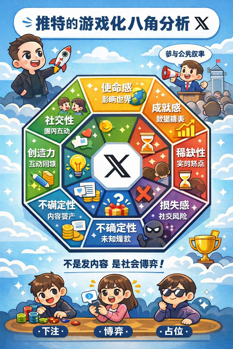 APRO_Helen's tweet photo. 浅浅用最近读到的游戏化实战来解析一下算法背后的起号逻辑

搞清楚平台机制，才不会输在起跑线上！

用八角分析法（Octalysis）」实战视角——
解析如何能玩转这些“算法系统”，让起号像玩游戏一样上瘾，集结属于自己的粉丝军团，打倒终极boss。

1⃣史诗意义 & 使命感（Epic Meaning & Calling）

X ：发推是“参与世界叙事”
你的观点可能被马斯克/VC/KOL 看到，瞬间从路人变玩家OG。

Tips：不要带着娱乐的心态刷推，带着“改写历史”的使命感输出观点。

2⃣成就感 & 进度感（Development & Accomplishment）

观察反馈密度和指标：
👍点赞/转发/回复=即时战绩
👥粉丝=段位
🤝被大V回复=解锁成就

多测试输出方式，快速迭代“打法”。
不论是不同的语种，文风，图片，GIF 甚至是MEME，什么能高效的表达观点，最重要。

3⃣创造力 & 反馈（Empowerment of Creativity & Feedback）

从当下行动起来。
不一定要剪视频、搞封面，一个想法/截图/八卦，就能发。

4⃣ 所有权 & 资产感（Ownership & Possession）

💥账号=你的资产
老推文是可能随时被挖坟，Thread 是可以被无限引用➡️观点才能变现个人IP
其实每一篇推文都可以被视作是build资产的投资。
长期主义，一篇推文的数据代表不了长期收益的变动。

5⃣ 社交影响 & 认同（Social Influence & Relatedness）

Reply=站队，Quote=解读，关注=价值认可。
和谁互动，比赞数重要100倍。

用X“往上社交”——@行业大佬，灵活运用这个开放的大社区，多互动，才能“be seen”

6⃣ 稀缺性 & 紧迫感（Scarcity & Impatience）

Crypto一天就是一年，热点快如⚡️

需要强迫自己持续输出，才能抓住窗口。
#YouTube 长视频风格能慢慢来，#X 则是“不在场=输”。
追热点，定时发推，保持活跃度是基本素养。

7⃣ 不确定性 & 好奇心（Unpredictability & Curiosity）

算法像抽卡！同内容，可能0曝光or百万爆款。
没人能100%复现。

别怕失败，多实验。
抱着开盲盒的心态输出，命运自会给你想要的。

8⃣ 损失 & 回避（Loss & Avoidance）

人价值感的来源之一就是独立自主的发声。

与其当小透明，被边缘化，怀疑自己被世界抛弃，不如勇敢发声。
成为玩家，才能体验游戏的酸甜苦辣。

熊市怎么起号？我也正在探索，一起脑暴！🧠
RT if useful.
熊市一起沉淀，一起成长～