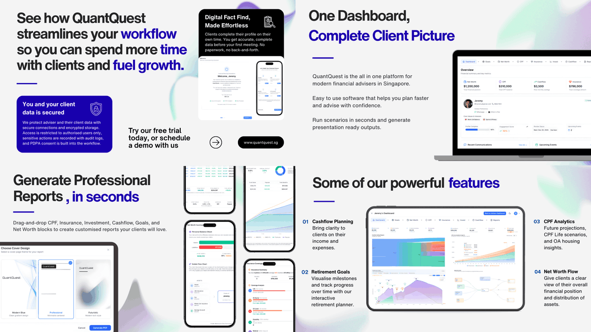 quantquestsg's tweet photo. Spend less time on admin, more time with clients.
QuantQuest helps advisers capture client facts, model scenarios fast, and generate presentation ready reports in seconds.
https://t.co/pVhFsK4A9H https://t.co/CldCohcohi