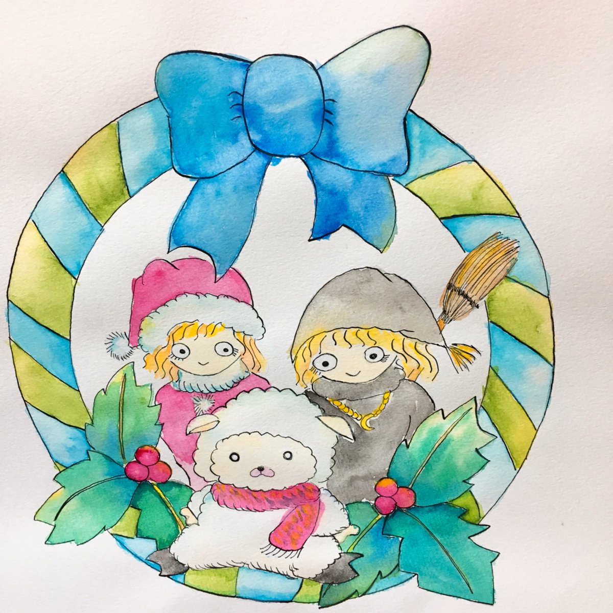 RioHanamiya's tweet photo. クリスマスリース
＃透明水彩画　＃illustration   ＃イラスト https://t.co/DHQ29vG1pr