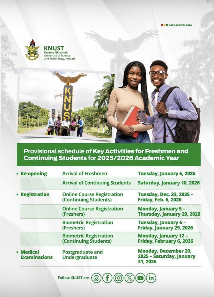 KNUST_Live's tweet photo. TAKE NOTE;

Continuing students will arrive on campus on Saturday, 10th January 2026 after the freshmen arrive on Tuesday, 6th January 2026.

Find here the schedule for the 2025/2026 academic year.

#KNUSTLive https://t.co/xclOoObrzI
