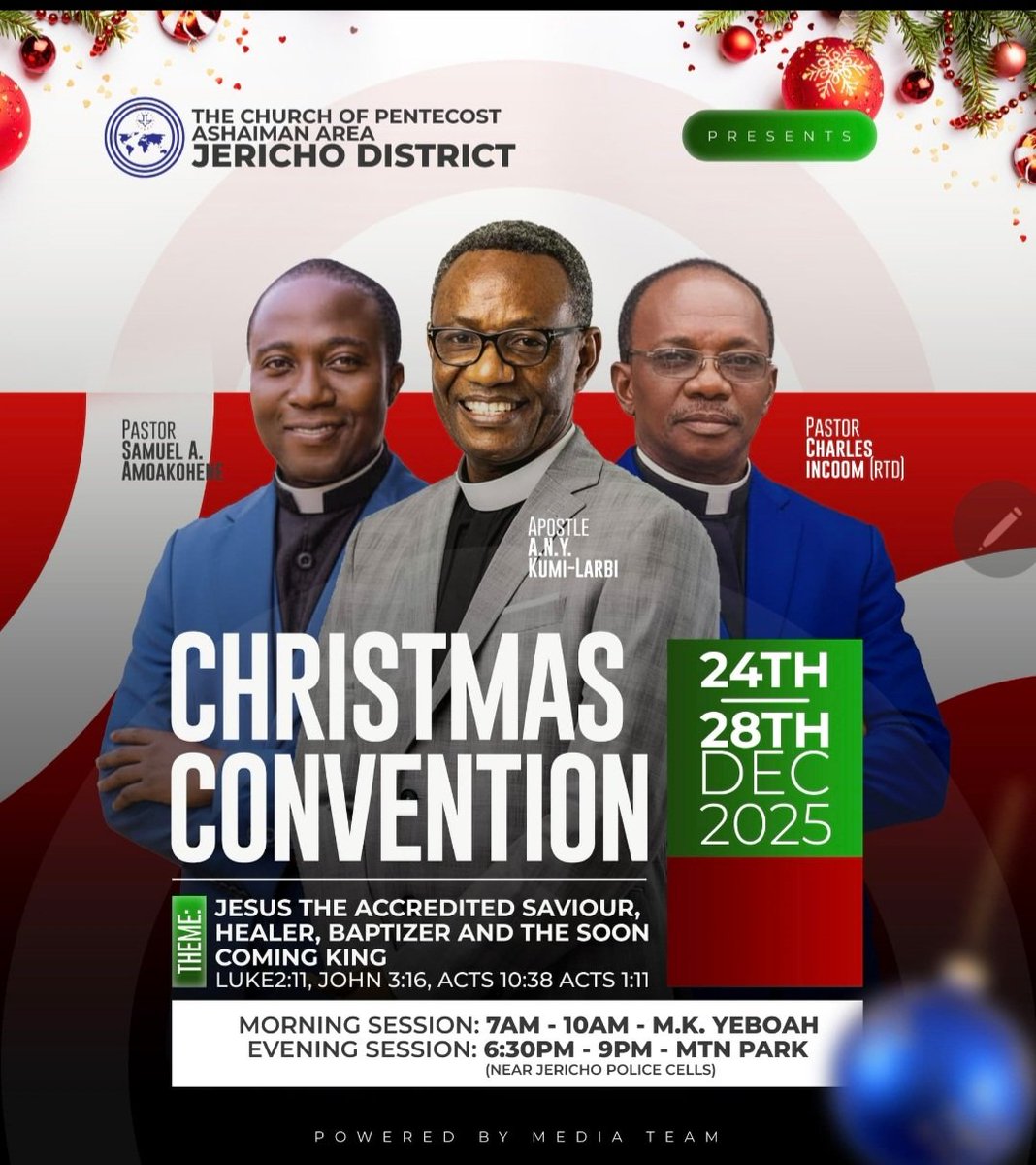 Papseubulus's tweet photo. Our 2025 Christmas Convention begins today on the theme: "Jesus Christ, the Accredited Saviour, Healer, Baptizer, and the Soon Coming King." 
We wish you a Merry Christmas and the graciousness of Christ's love. 

#JerichoEnglish #APeopleChurch #ChristmasConvention2025 https://t.co/P27YCWN2aN