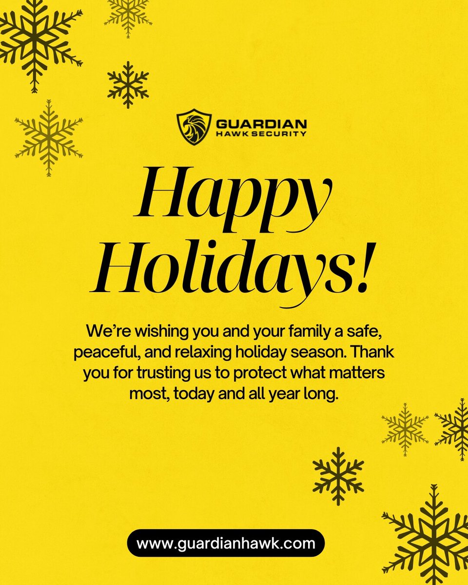 GuardianHawkSec's tweet photo. Wishing you joyful holidays from all of us at Guardian Hawk Security.
We wish you and your family a safe and joyful holiday season, along with a new year full of comfort and security. https://t.co/Tn7Ob05Ey5