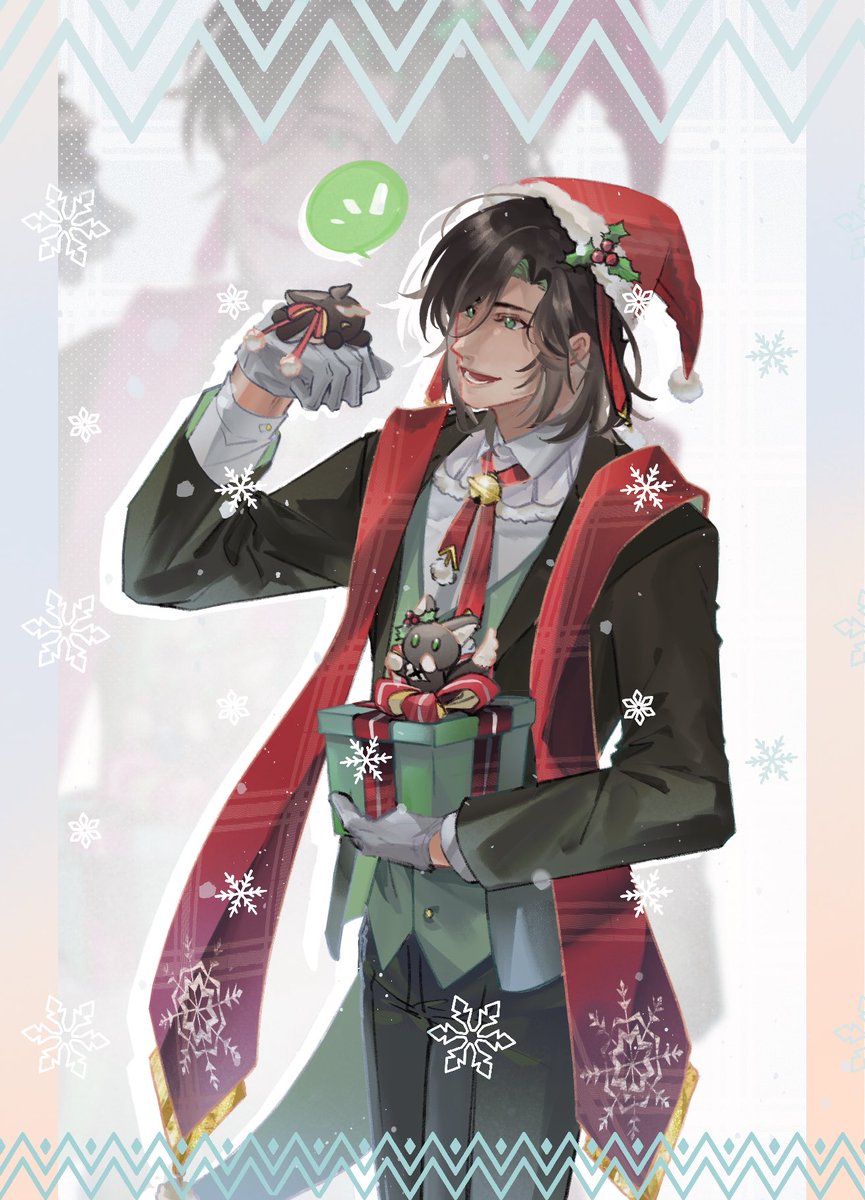 sectionstaining's tweet photo. 🎅聖誕快樂🎄
抓了七月@mhr_nannan 家蒼真來畫畫，黑髮綠眼左邊完全是我的性癖👍 不會換裝我隨便亂加（幹啊）
偷偷塞了蒼庵小動物🥳

實體禮物等朋友收到禮物再來發照，先給電子版賀卡👊🥰

要死我亂tag再發一次😭🙏 https://t.co/i9e42jgnFg