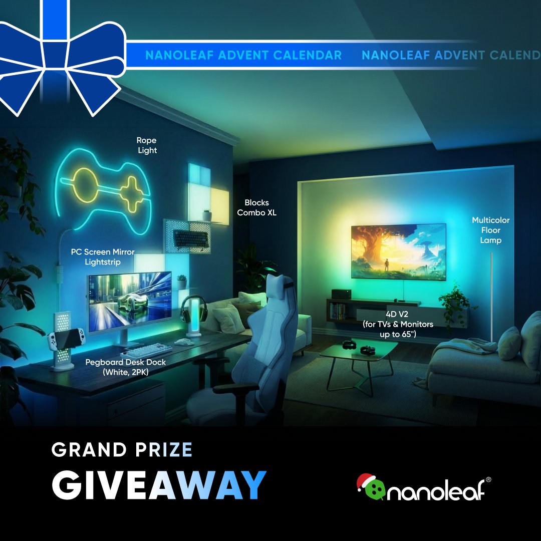 nanoleaf's tweet image. 🎁#GIVEAWAY🎁
Nanoleaf's Annual Advent Calendar Giveaway🗓️

Ho Ho Here's the final day—
The NANOLEAF GRAND PRIZE! Hooray!🎉
 
🏆DAY 7 PRIZES:
1x Nanoleaf Blocks Combo XL Kit
2x Nanoleaf Pegboard Desk Dock (White)
2x Nanoleaf Multicolor Floor Lamp (White)
1x Nanoleaf 4D-V2
1x…