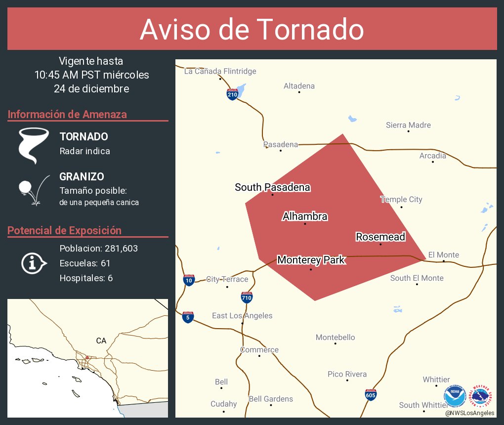 Aviso de Tornado incluye Alhambra CA, Monterey Park CA, Rosemead CA hasta las 10:45 AM PST