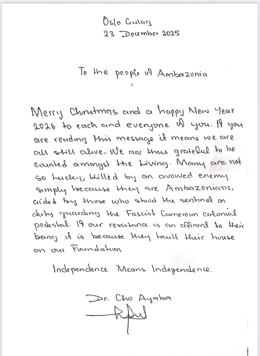 WE ARE STILL HERE — AND WE WILL BE FREE
This Christmas, we give thanks that we are still alive, though many were taken for being Ambazonian. We remember our fallen and honor their sacrifice with unwavering resistance. #MerryChristmas #Freedrchoayaba #Ambazonia