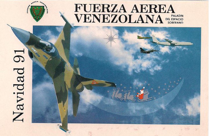 #Historia 🇻🇪| Postal navideño de la otrora Fuerza Aérea Venezolana, 1991. F-16A en primer plano y al fondo, uno de los recién por entonces incorporados aviones cisternas Boeing 707-320C (KC-707)