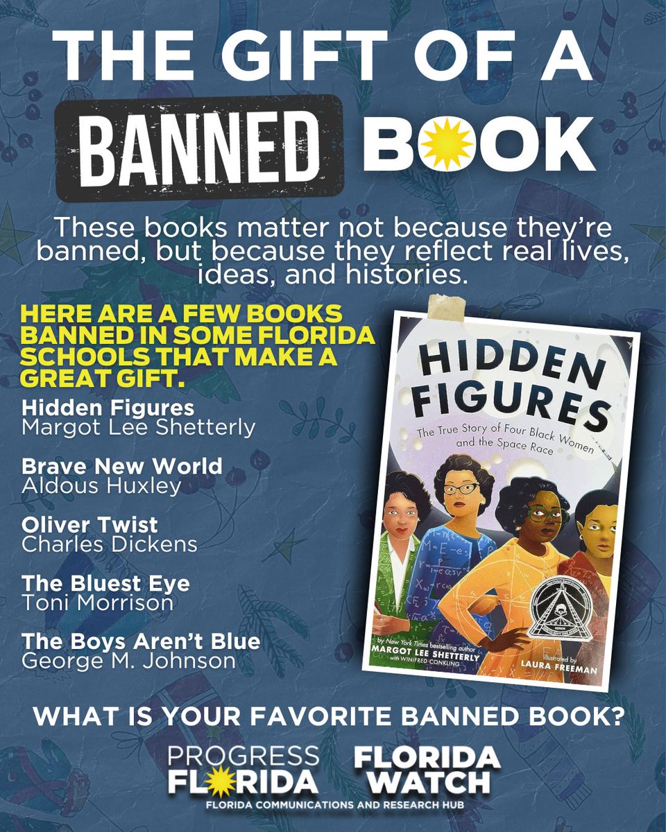 ProgressFlorida's tweet image. Banned books survive because readers carry them forward. This holiday season, give a book that was challenged, questioned, or silenced. Keep its story alive.