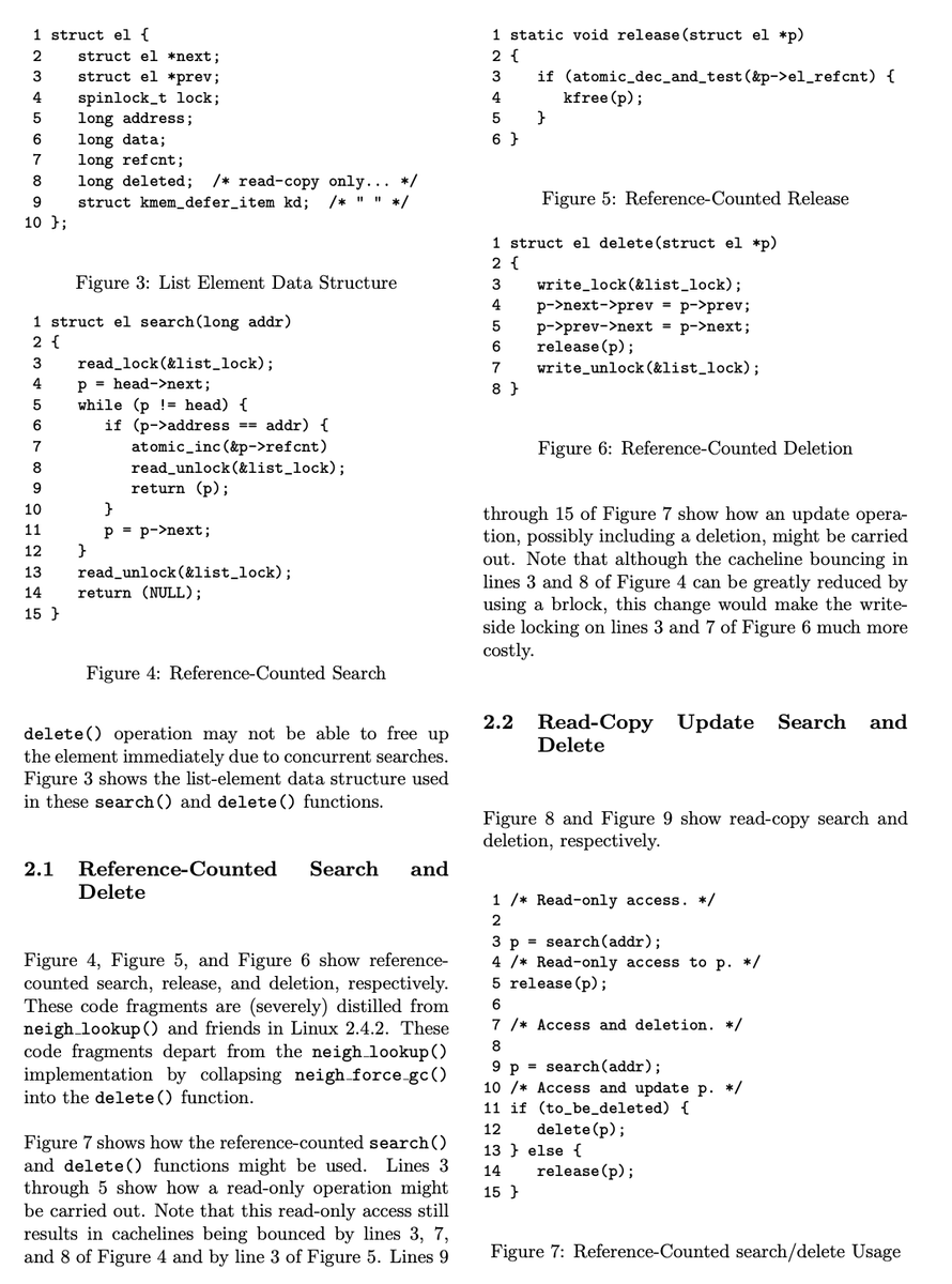 Another nice paper on RCU (predates the one that I posted earlier) - this one does a nice comparison of implementation and the cache line impact analysis of an RCU based search() and delete() in a doubly linked list with a reference counted based one. And highlights the strength