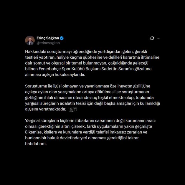 Türkiye Barolar Birliği Başkanı Erinç Sağkan: “Sadettin Saran’ın gözaltına alınması açıkça hukuka aykırıdır.”