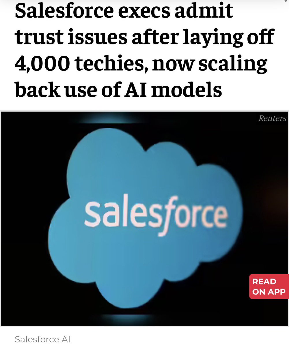 > be Salesforce
> keep yelling “AI will run everything”
> lay off 4k employees 
> then quietly hit reverse
> “we were more confident about LLMs a year ago”