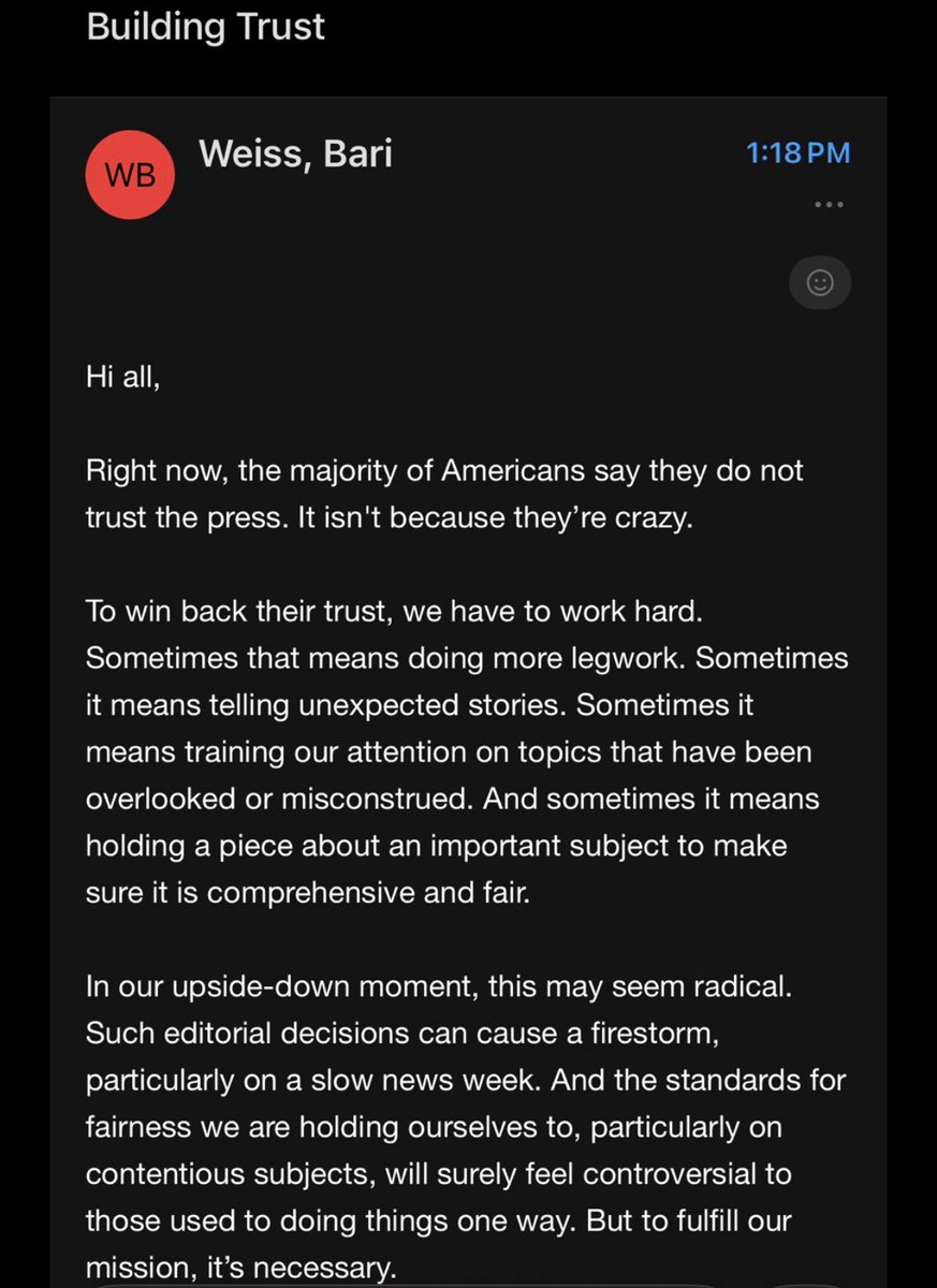 prem_thakker's tweet image. New from Bari Weiss to CBS staff—

“…Americans say they do not trust the press…To win back their trust, we have to work hard…Sometimes it means telling unexpected stories…sometimes it means holding a piece about an important subject to make sure it is comprehensive and fair.”