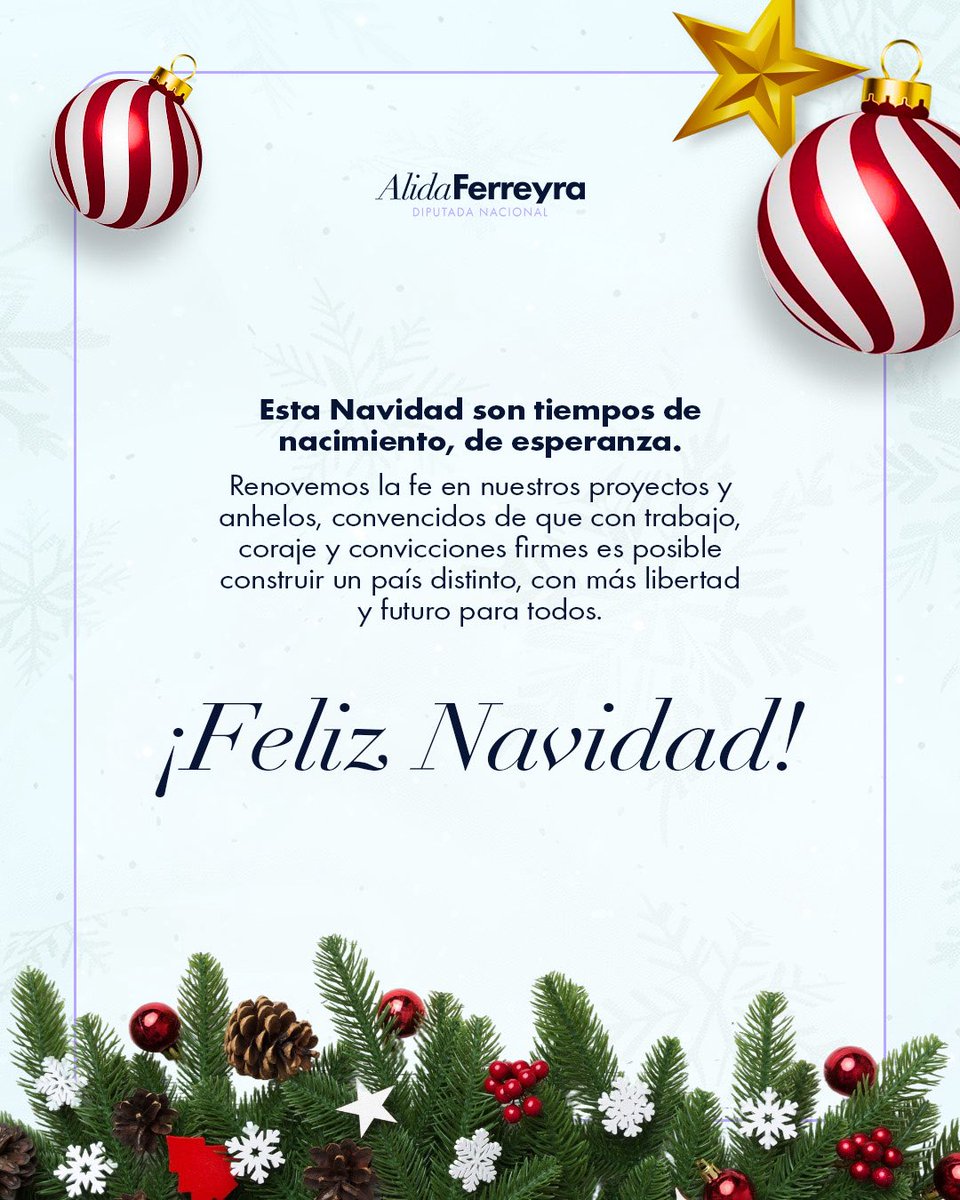Esta Navidad son tiempos de nacimiento, de esperanza.
Renovemos la fe en nuestros proyectos y anhelos, convencidos de que con trabajo, coraje y convicciones firmes es posible construir un país distinto, con más libertad y futuro para todos.

¡Feliz Navidad!