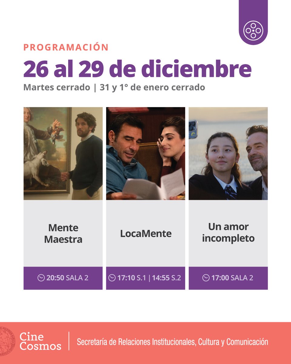 🗓️ ¡Agendá la  #CarteleraCosmosUBA! – del 26 al 29 de diciembre! (30, 31  y 1 de enero el cine permanecerá cerrado)

📍 Av. Corrientes 2046 
🎟️ Entradas en boletería el mismo día de la función
🎬 ¡Vení al #CosmosUBA! 

📲Mirá toda la info en cinecosmos.uba.ar