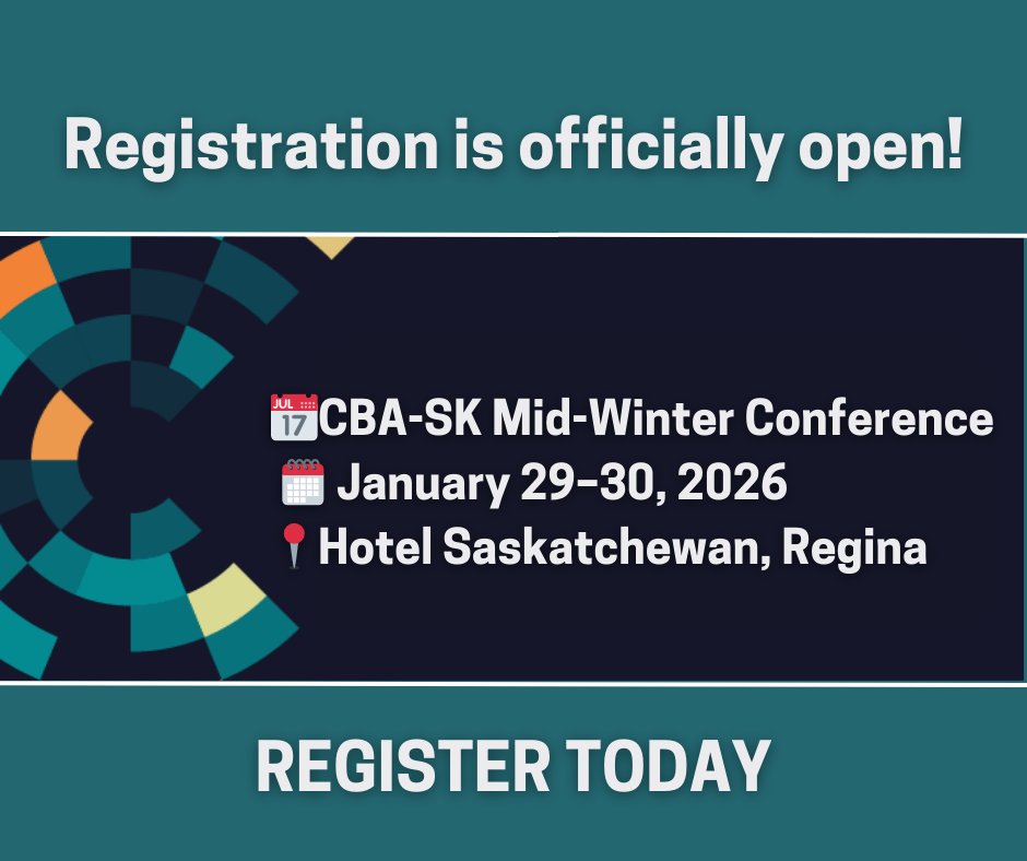 Friendly reminder members, our 2026 Mid-Winter Conference is coming up! Registration information below.
🗓 Jan 29 – 30, 2026 |📍Hotel Saskatchewan, Regina
Join us for two days of insights, workshops &amp; networking with SK’s legal community.

Register now 👉bit.ly/4a44W1z