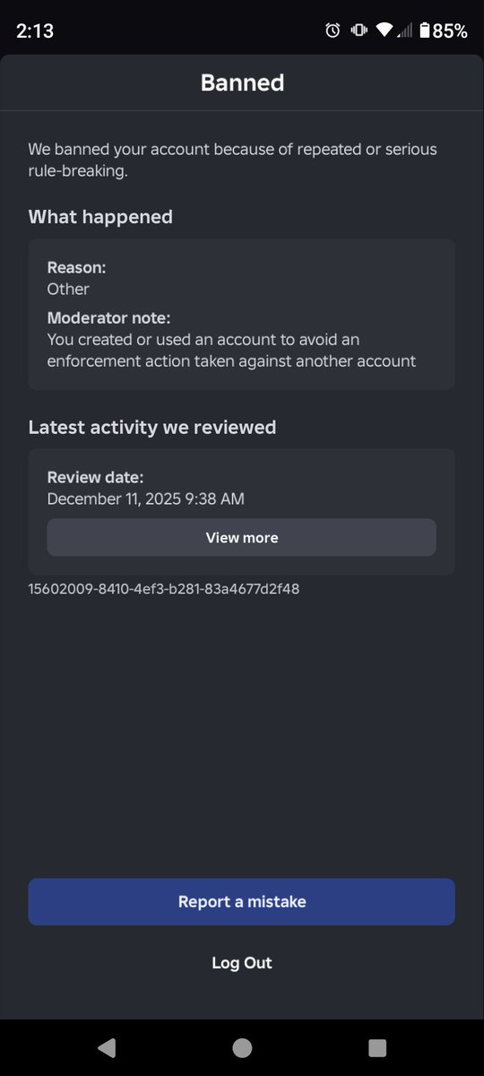 BillySwank_'s tweet photo. @Roblox my account was banned due to a mistake by the auto mod. I have no other accounts this must be a issue where i used a public wifi or mobile date another account has used before and was banned. I only have one account. Please help. Your appeal bot wont listen to reason https://t.co/kHeC8M9VqJ