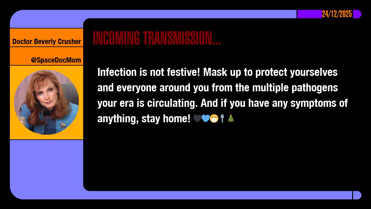 SpaceDocMom's tweet image. Infection is not festive! Mask up to protect yourselves and everyone around you from the multiple pathogens your era is circulating. And if you have any symptoms of anything, stay home! 🖤💙😷🥄🎄