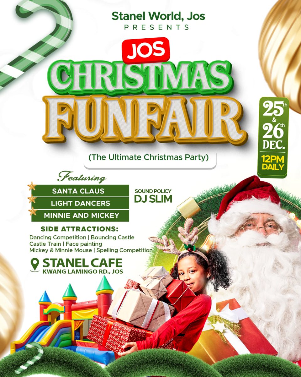 🎄✨ Family Fun This Christmas! ✨🎄

Bring the kids out for an exciting Jos Christmas Funfair at Stanel World, Jos 🎠🎁

📅 25th &amp; 26th December 2025
⏰ 12PM daily

Fun games, food, laughter &amp; unforgettable memories 🧡

👇 Check flyer for details
#FamilyFun #JosChristmasFunfair