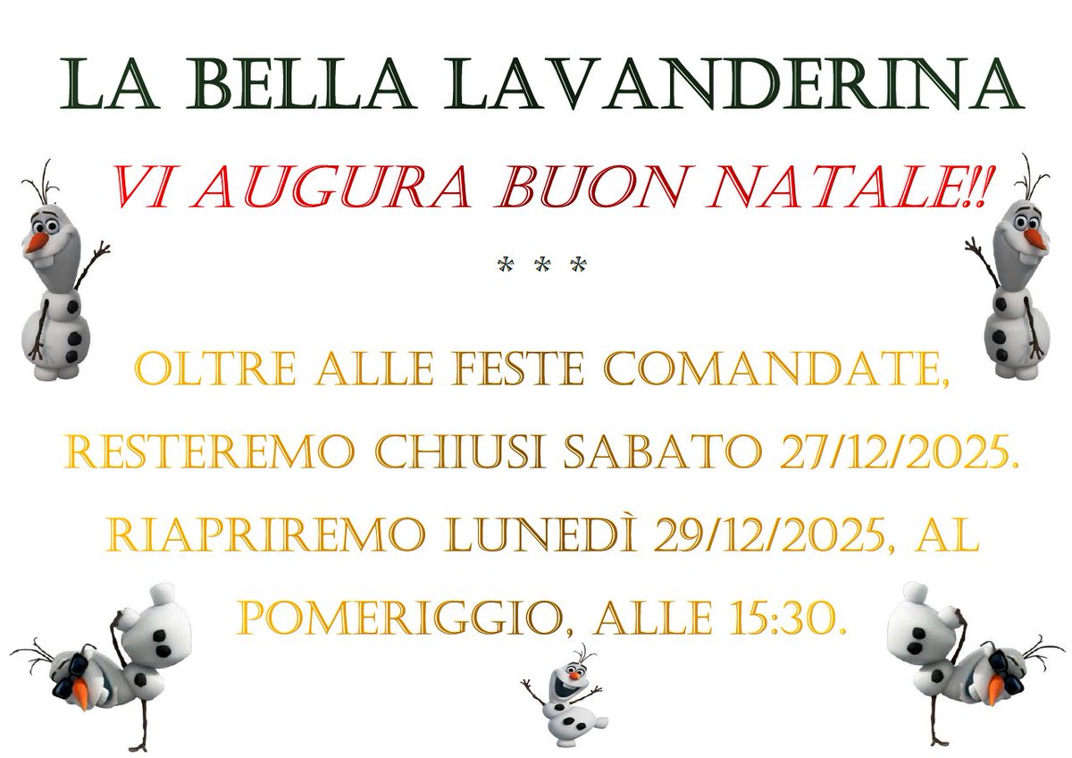 #LaBellaLavanderina farà il “ponte” e rimarrà chiusa sabato 27/12/2025.
La #lavanderia riaprirà regolarmente alle 15:30 del pomeriggio di lunedì 29/12/2025.
Buon Natale e Buone Feste a tutti 🎄 🎅🏻 🎁