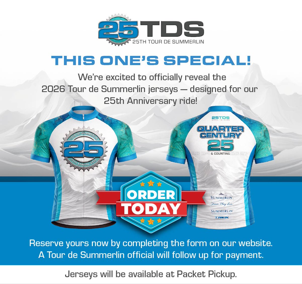 Reserve yours today - 2026 Tour de Summerlin 25th Anniversary Jersey tourdesummerlin.com/tour-de-summer… #TourDeSummerlin #TDS2026 #25thAnniversary #VegasCycling #CyclingJersey #RideVegas #ReserveYours