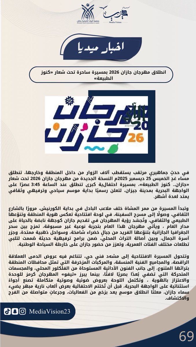 #اخبار_ميديا
#خبر_صحفي
<a href="/Th_jazan/">هذه جازان</a> 
<a href="/Jazanfestivals/">مهرجان جازان</a> 
<a href="/jazangov/">إمارة منطقة جازان</a> 
 #مهرجان_جازان2026
#النصر_الزوراء
#مهرجان_الملك_عبدالعزيز_للابل10