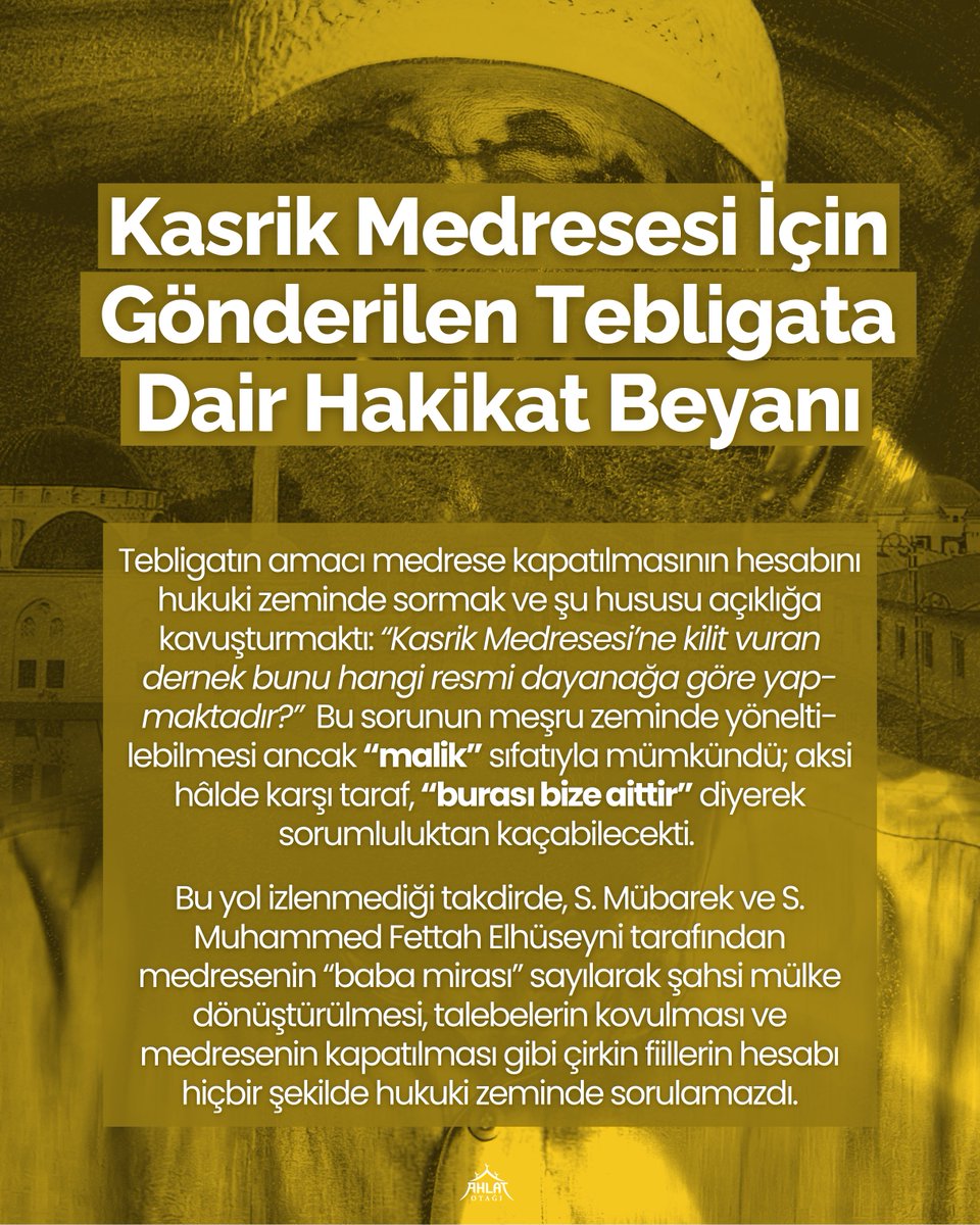 Kasrik’e Gönderilen Tebligatın Hakikati

Tebligatın amacı; derneğin faaliyetlerini sorgulamak ve şu hususları açıklığa kavuşturmaktı: “Dernek ne zamandan beri faaliyet göstermektedir? Gavs-ı Sânî Hazretleri (k.s) döneminden kalan geçerli bir hukuki statüsü var mıdır? Medreseyle