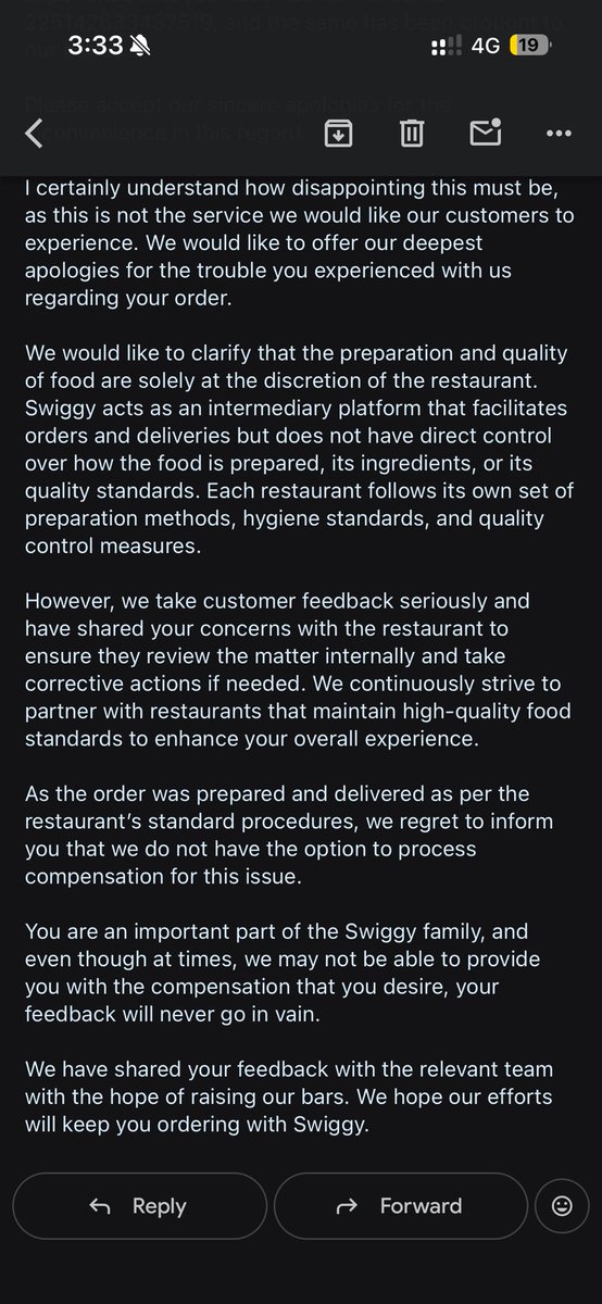 Youwe245's tweet photo. My swiggy order no is #225142633437519. I got chicken bone in roll which was supposed to be boneless. It got stuck in my throat. I posted about this on X. I am swiggy black customer paying Rs 399 for 3 months. And now check their stupid reply.
@SwiggyCares @Swiggy https://t.co/VVpmKonbpA