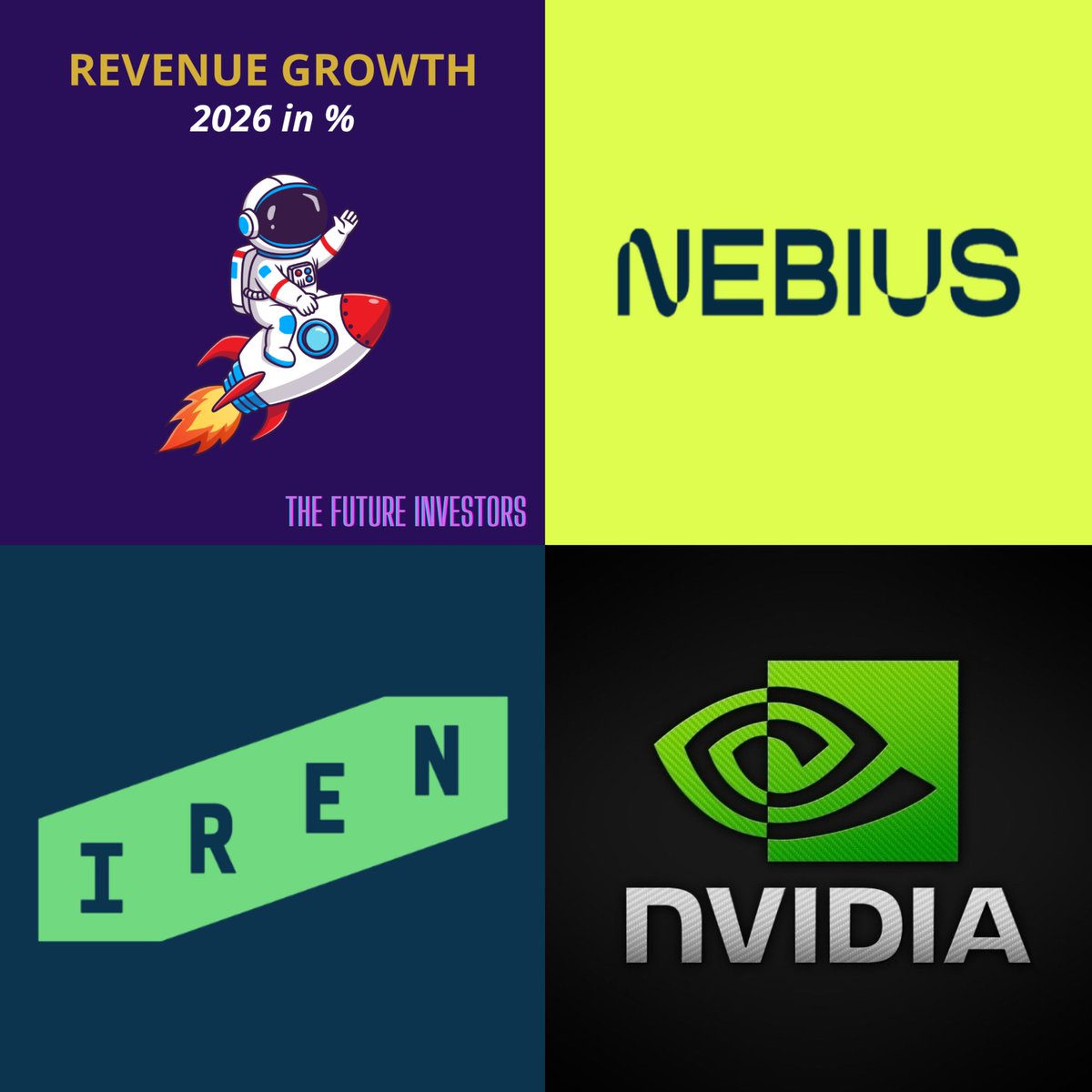 ftr_investors's tweet image. The Future Investors presents the 40 stocks with the highest projected revenue growth for 2026! 📈🚀

1. $NBIS | Nebius - 521.1%
2. $IREN | IREN - 134.6%
3. $NVDA | Nvidia - 49.8%
4. $PLTR | Palantir - 43.3%
5. $BESI | BE Semiconductor - 42.8%
6. $ALAB | Astera Labs - 42.2%
7.…