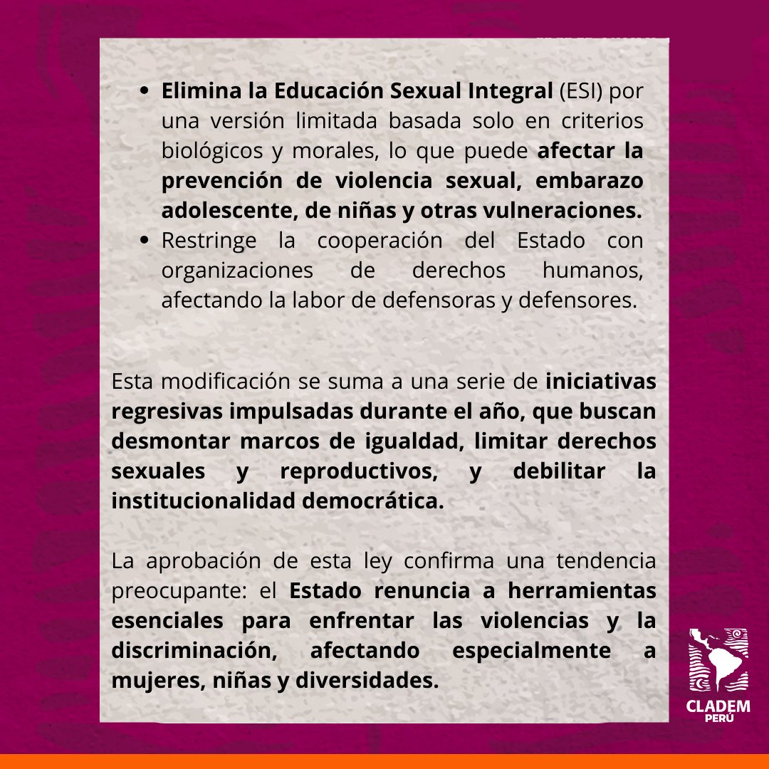 clademperu's tweet photo. Rechazamos la nueva Ley de Igualdad de Oportunidades.
Elimina el enfoque de género, debilita políticas públicas y retrocede en derechos de mujeres, niñas y diversidades. 
Exigimos su derogación y políticas basadas en evidencia y derechos humanos.
La igualdad se defiende. https://t.co/VHJcp0715C