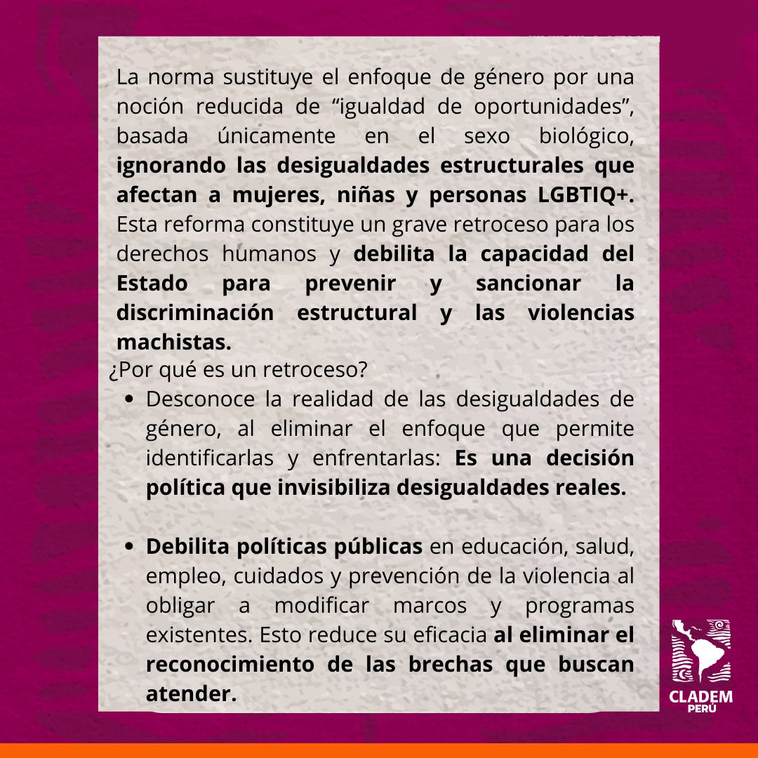 clademperu's tweet photo. Rechazamos la nueva Ley de Igualdad de Oportunidades.
Elimina el enfoque de género, debilita políticas públicas y retrocede en derechos de mujeres, niñas y diversidades. 
Exigimos su derogación y políticas basadas en evidencia y derechos humanos.
La igualdad se defiende. https://t.co/VHJcp0715C