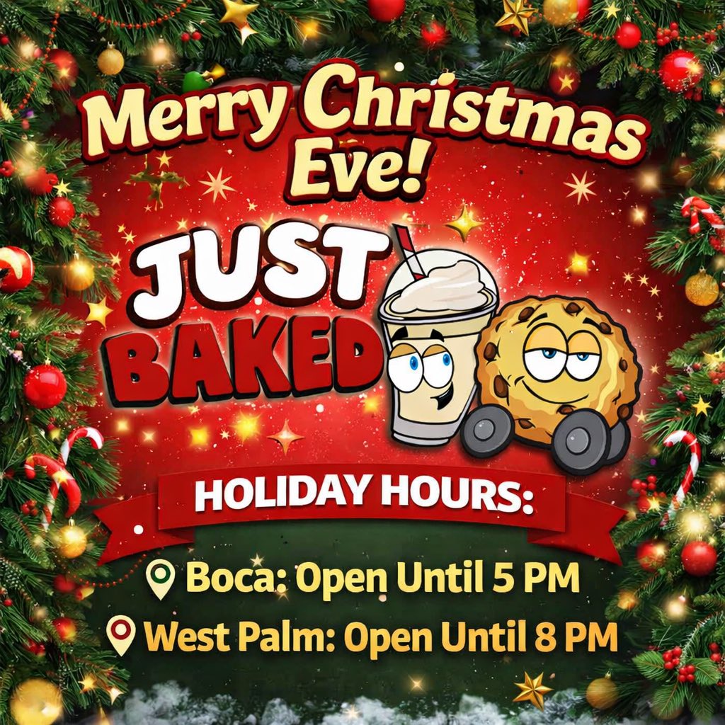 _JustBaked_'s tweet photo. 🎄 Merry Christmas Eve! 🎅

From our Just Baked family to yours, we hope your day is filled with love, laughter, and lots of cookies ❤️🍪

✨ Holiday Hours Today:
📍 Boca Raton: Open until 5 PM
📍 West Palm Beach: Open until 8 PM

Come grab your last minute party platter that you forgot to grab 😉 we got you covered 🙌