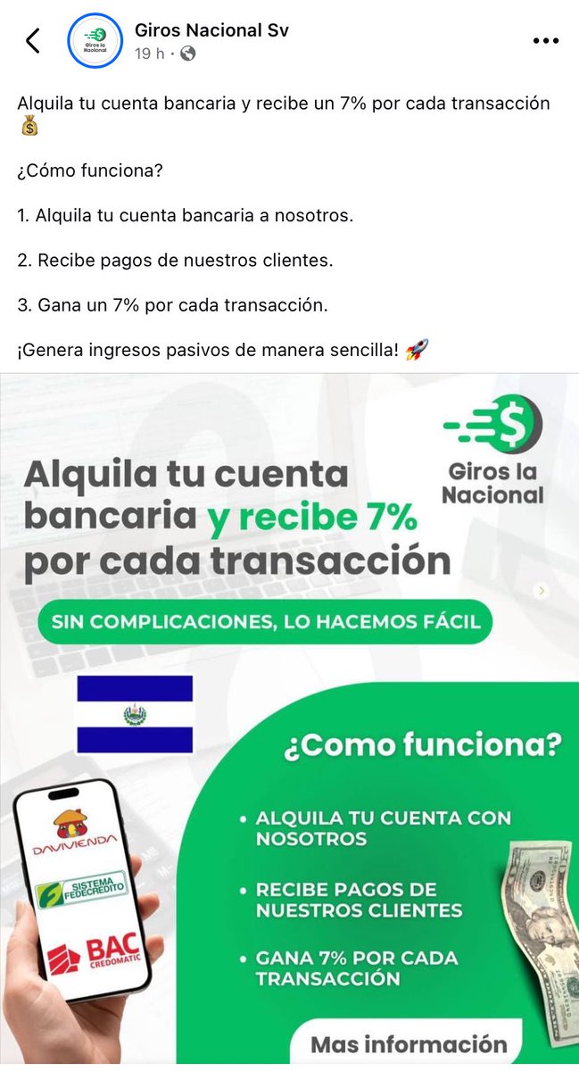 RiclVabarianIgh's tweet photo. 🚨 ¡ALERTA DE ESTAFA Y LAVADO! 🚨

Está circulando publicidad de "Giros Nacional Sv" ofreciendo "alquilar" cuentas bancarias por un 7%. Esto es una trampa para captar mulas bancarias y blanquear dinero ilícito.

¿Como identificar una estafa como esta? Ojo a los detalles:

🚩 Página creada ayer.
🚩 Prefijo de WhatsApp de Argentina (+54) operando en ES.
🚩 Pedir acceso a cuentas es DELITO.

Cuidado, salvadoreños. No arriesguen su libertad por la oferta de ganar unos dólares.

cc: @FGR_SV @PNCSV @Vi11atoro