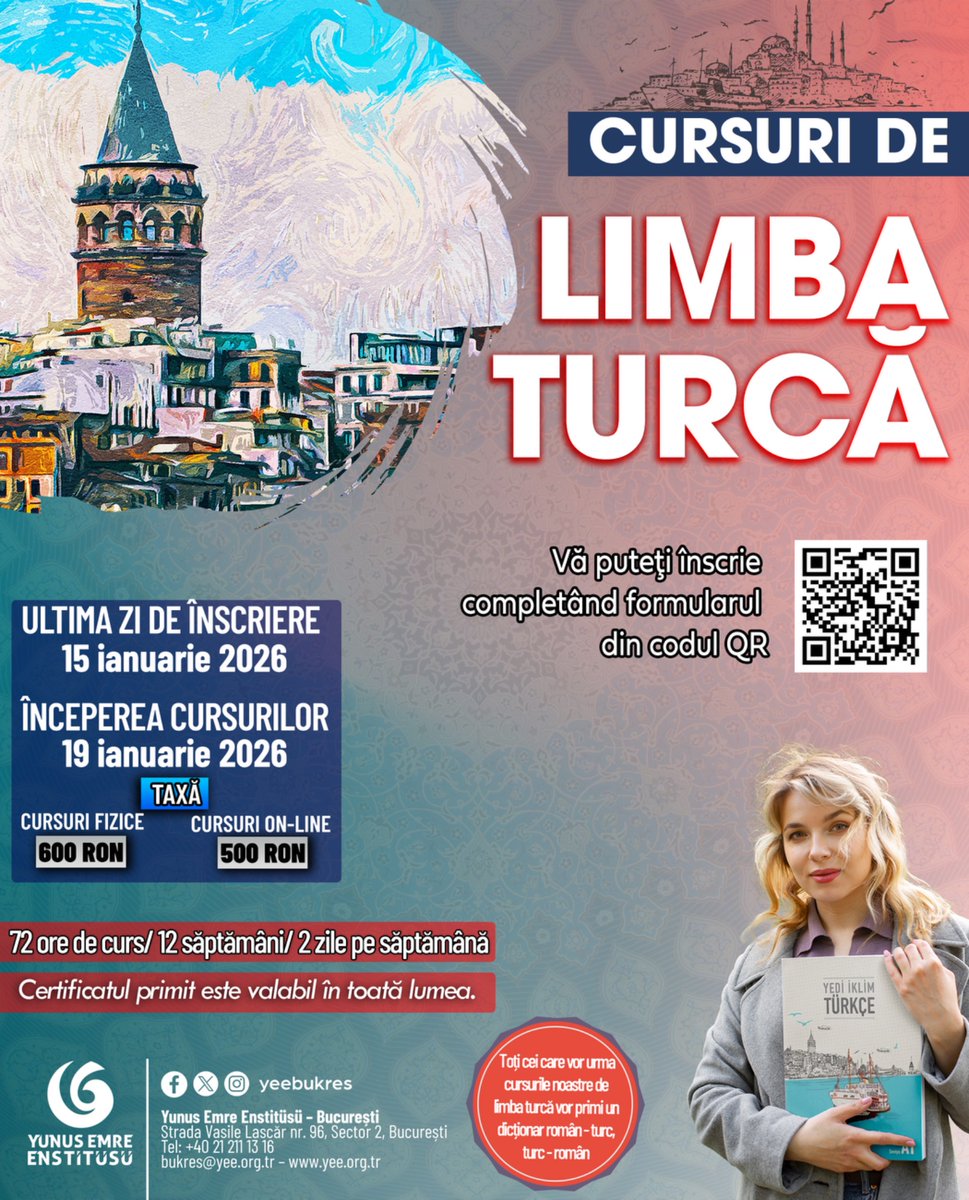🇷🇴 ‼️ Încep cursurile fizice şi on-line de limba turcă‼️
🇹🇷 ‼️ Yüz Yüze ve Çevrim İçi Türkçe Kurslarımız Başlıyor ‼️

🧾 Ultima zi de înscriere: 15 Ianuarie 2026
📗 Data de începere a cursurilor: 19 Ianuarie 2026

👉🏼 🗒 Pentru înscrieri și mai multe informații despre program
