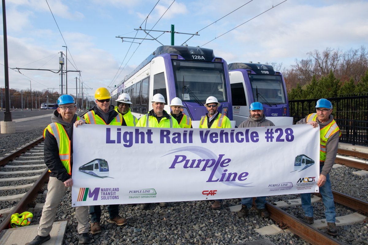 PurpleLineMD's tweet photo. In 2025, all 28 Purple Line Light Rail Vehicles arrived in Maryland, marking a major milestone. Connecting New Carrollton to Bethesda, the 21 stations strengthen communities, ease commutes, and support a greener future. #PurpleLineProgress https://t.co/enxYT4iDZO