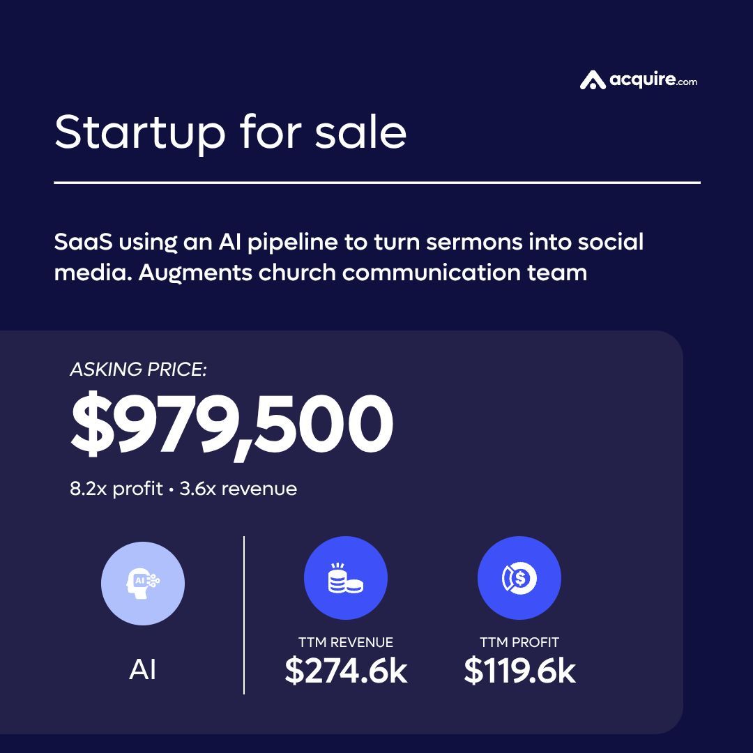 🔥 New Startup Listed 🔥 AI | SaaS using an AI pipeline to turn sermons  into social media. Augments church communication team | $274.6k TTM revenue  Asking Price: $979.5k Contact the seller, image size:1080x1080