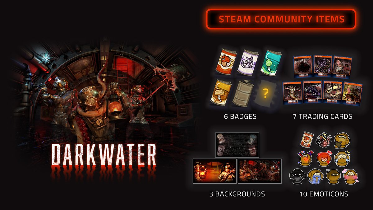 As shared in our Steam post last week, we've officially added Community Items to Darkwater!

- 7 Trading Cards
- 3 Steam Backgrounds
- 10 Emoticons
- 6 Earnable Badges

Play now on Steam: store.steampowered.com/app/619540/Dar…

#darkwatergame