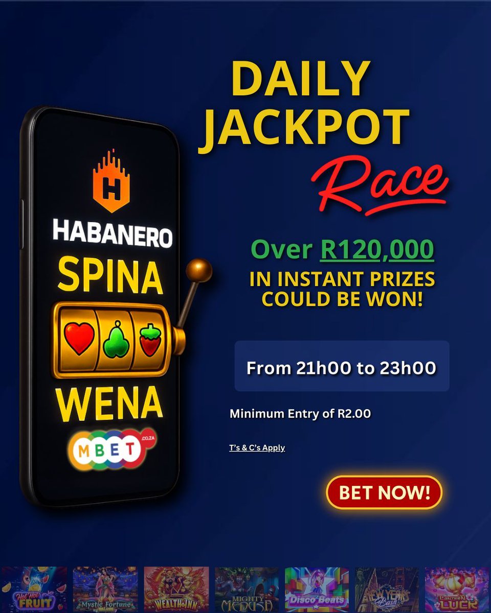 MBet_Bet_On_It's tweet image. 🚨 READY. SET. SPIN! 🚨

Every night brings a new chance to win BIG 
🔥 Over R120,000 in instant prizes
🕘 21h00 to 23h00 daily
💥 The more you spin, the higher you race!

Don’t miss tonight’s jackpot rush — get in now! buff.ly/N4tJy82 

#DailyJackpot #SpinToWin #MBET