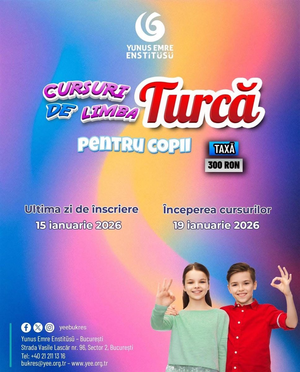📢📢 🇷🇴 Încep înscrierile la cursurile fizice de limba turcă pentru copii ‼️
📢📢 🇹🇷 Çocuklar için yüz yüze Türkçe kursu kayıtlarımız başlıyor ‼️

📢📢 🇷🇴 Încep înscrierile la cursurile fizice de limba turcă pentru copii ‼️
📚 Ultima zi de înscriere: 15 ianuarie 2026
Cursurile