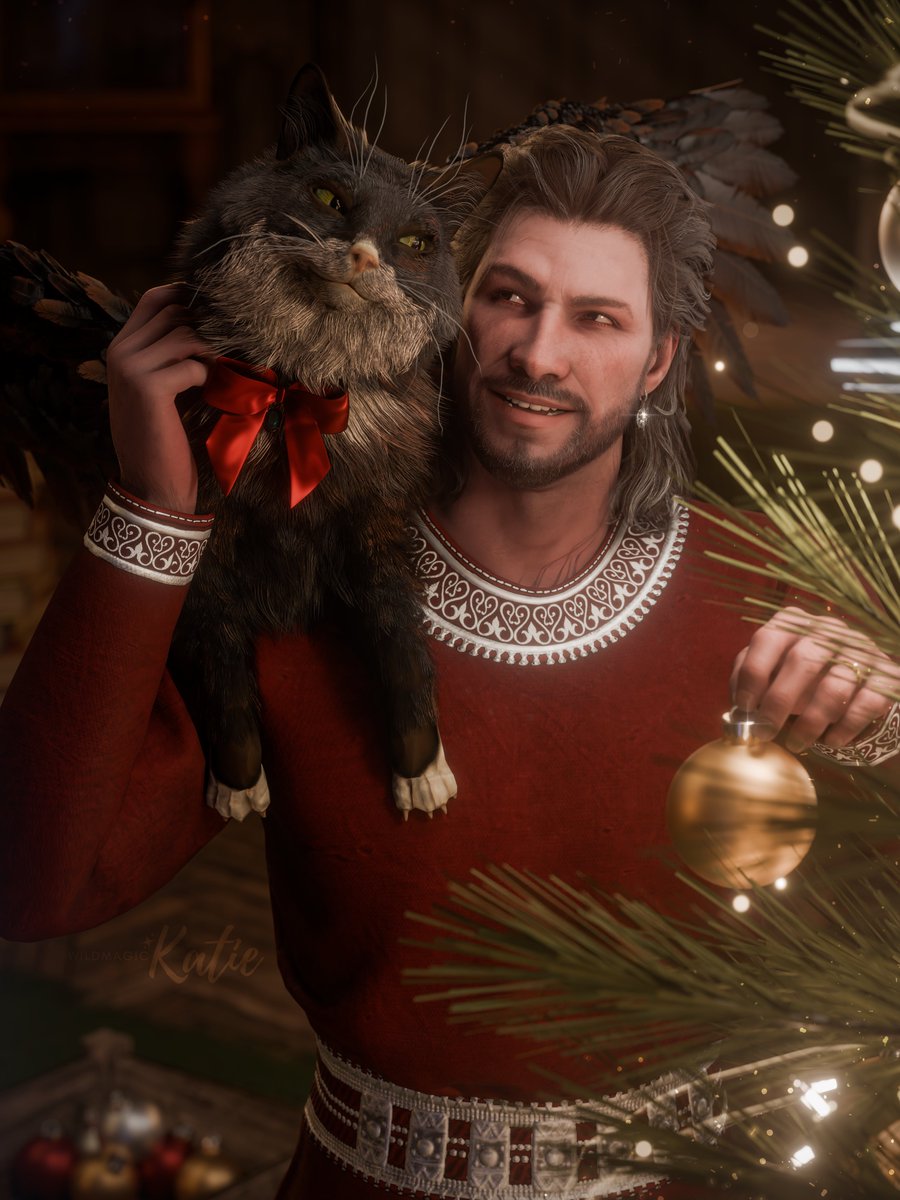 wildmagickatie's tweet image. Gale is doing some last-minute holiday decorating and Tara is just here for moral support… (and those good scritches that only Mr. Dekarios can give) 🥰

Happy Holidays! ❤️

#bg3 #GaleDekarios